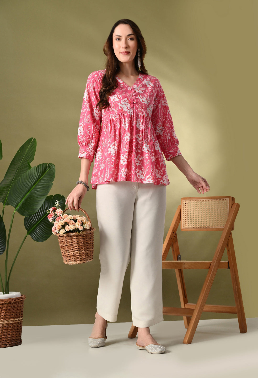 Pink Floral Print Empire Top