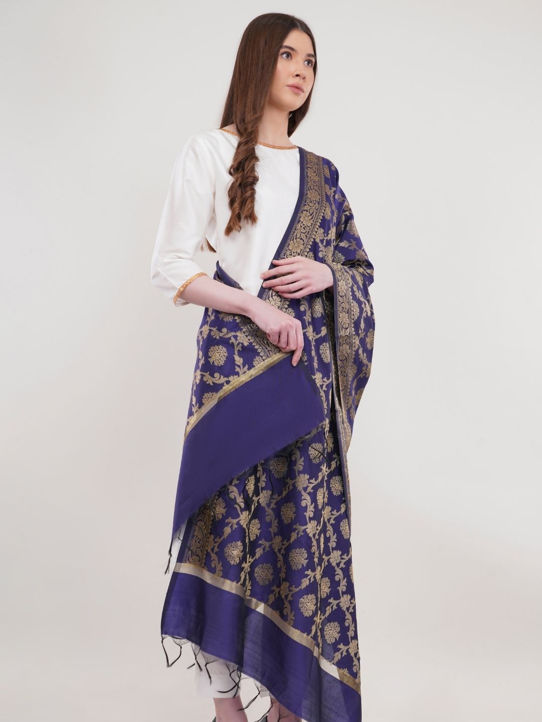 Blue Woven Design Gold Toned Banarasi Silk Dupatta