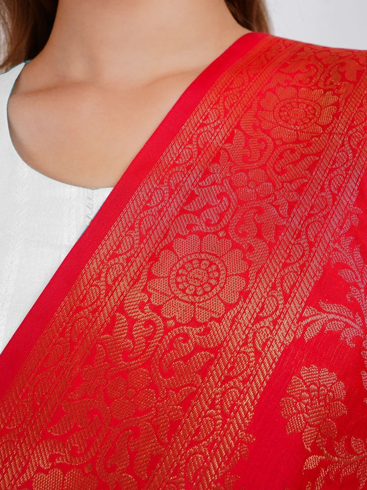 Red Woven Design Gold Toned Banarasi Silk Dupatta