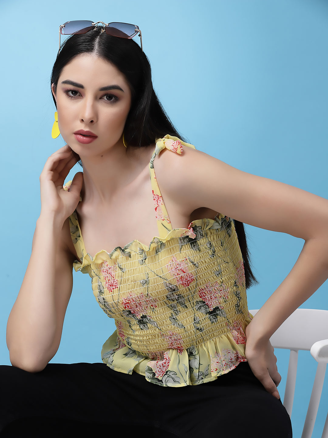 Yellow Floral Tie Up Sleeves top