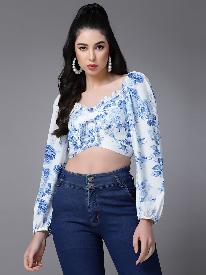 White Floral Fitted Ruffeled Neck Crop top