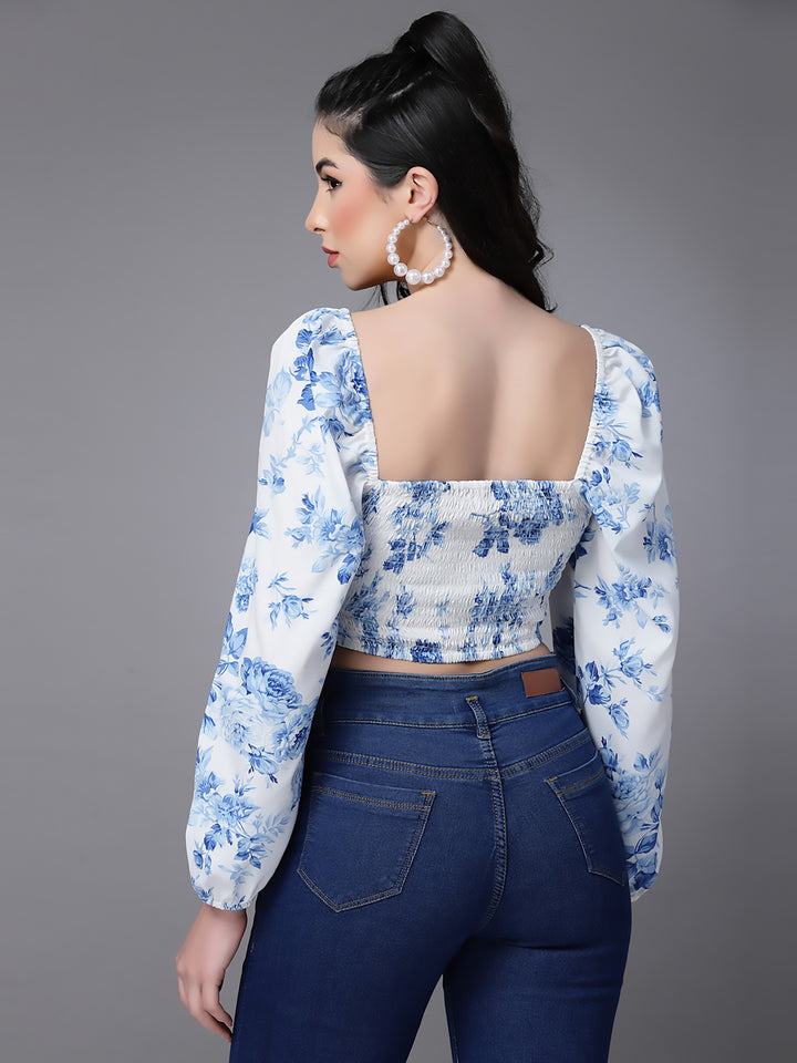 White Floral Fitted Ruffeled Neck Crop top