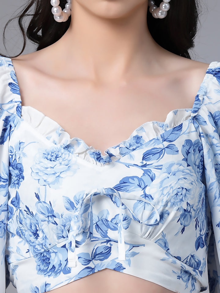 White Floral Fitted Ruffeled Neck Crop top