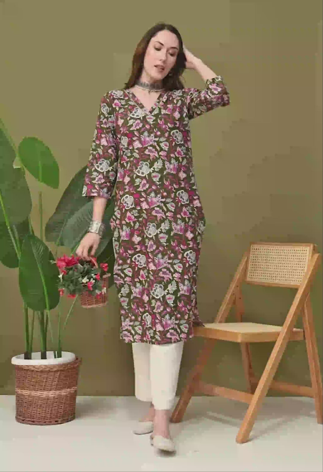Green Floarl Print Sequence Work Kurta