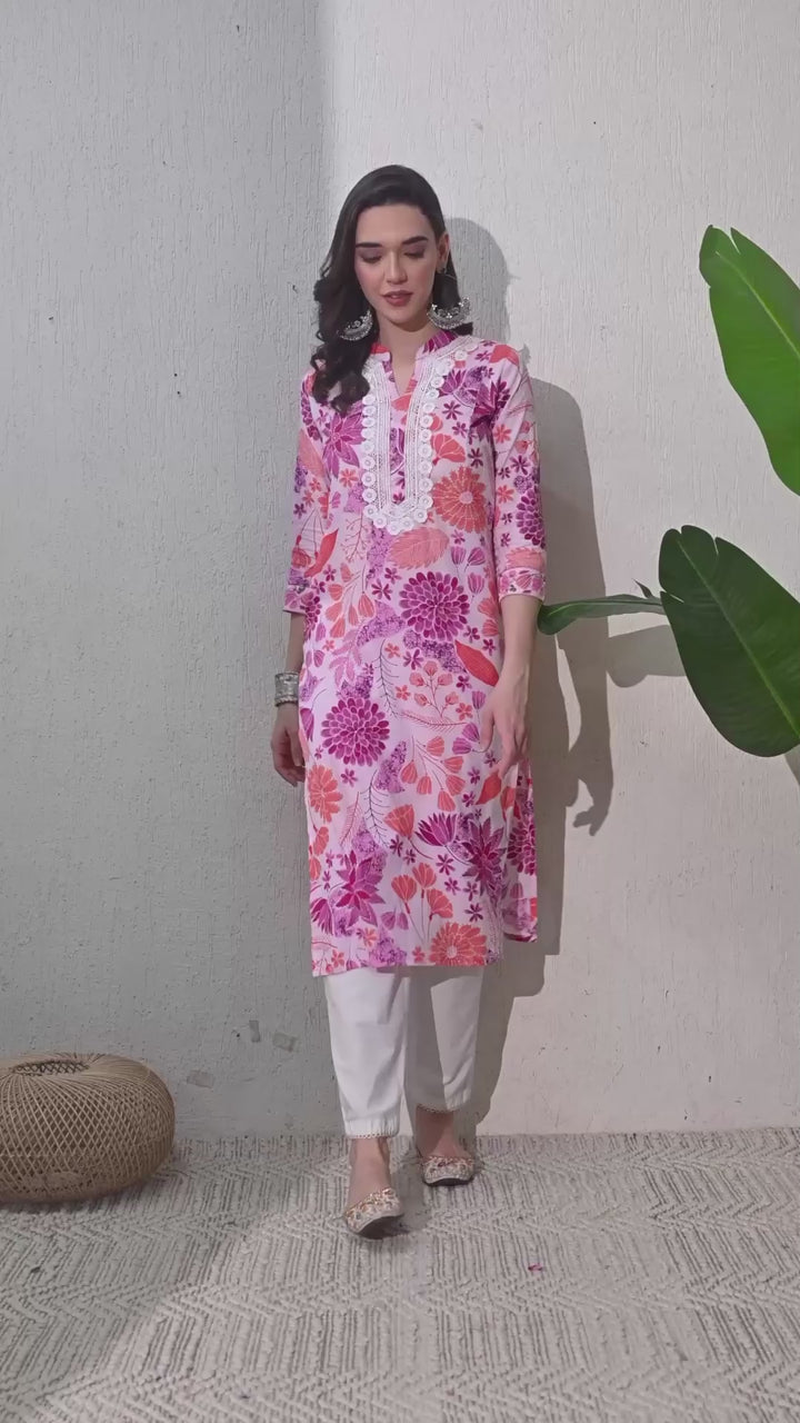 Pink Printed Mandarin Collar Kurta