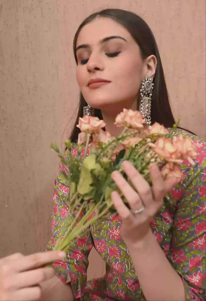 Gray Floral Print Cotton Kurta