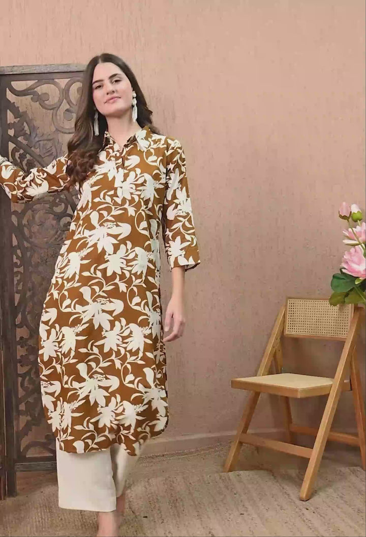 Brown Printed Collared  Cotton Kurta