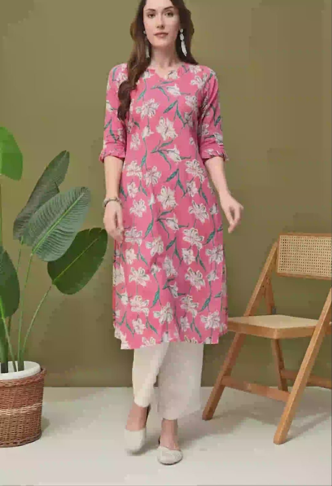 Peach Printed Straight Cotton Kurta