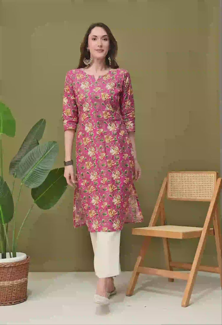 Pink Printed Straight Cotton Kurta