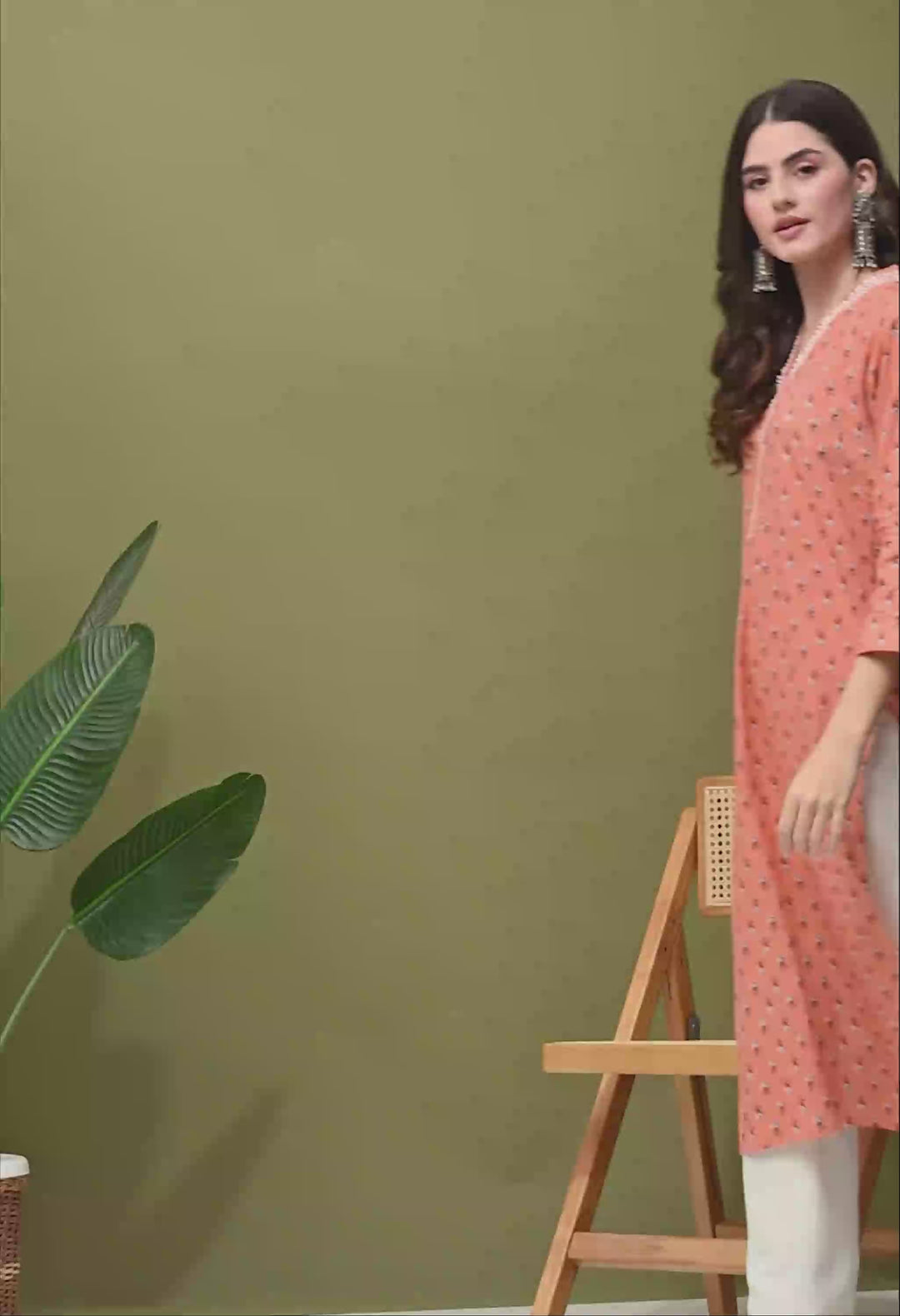 Orange Floral Print Lace Details Cotton Kurta