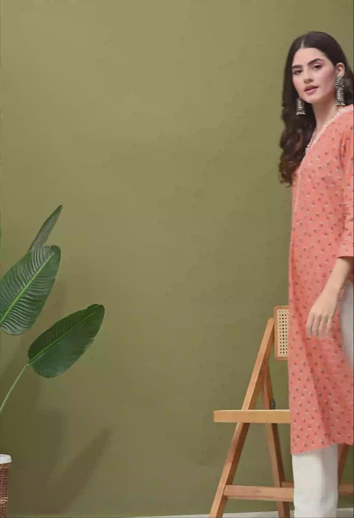 Orange Floral Print Lace Details Cotton Kurta