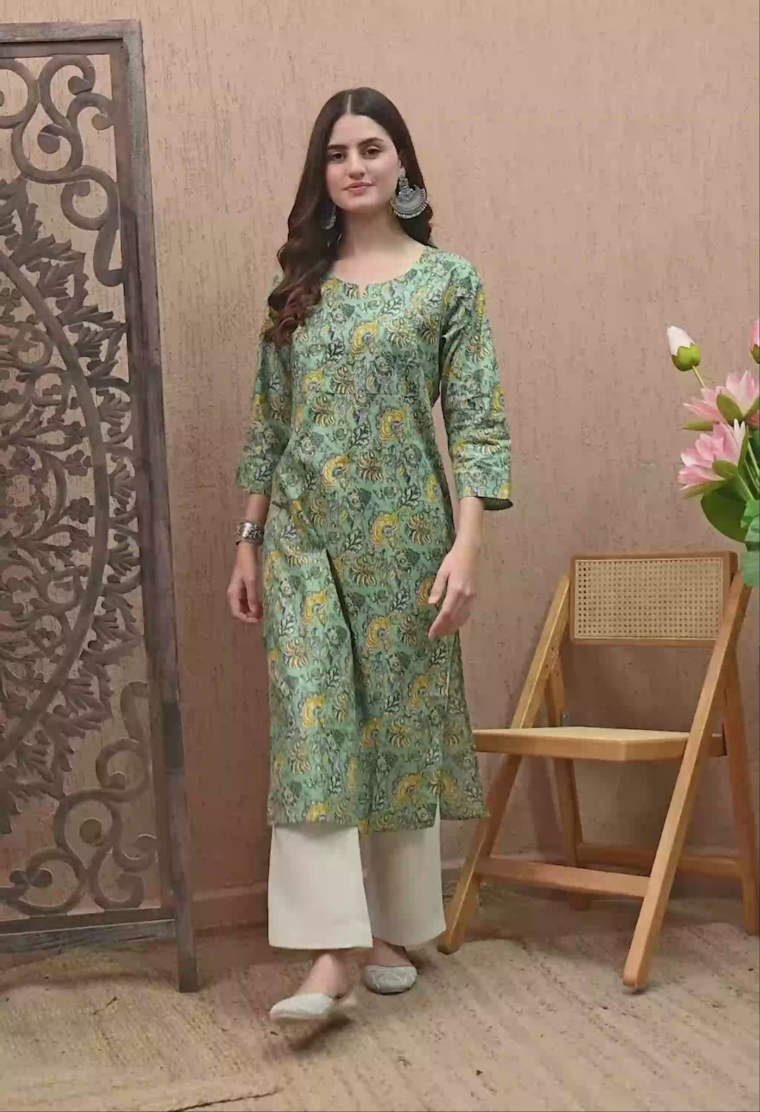 Green Floral Print Cotton Kurta