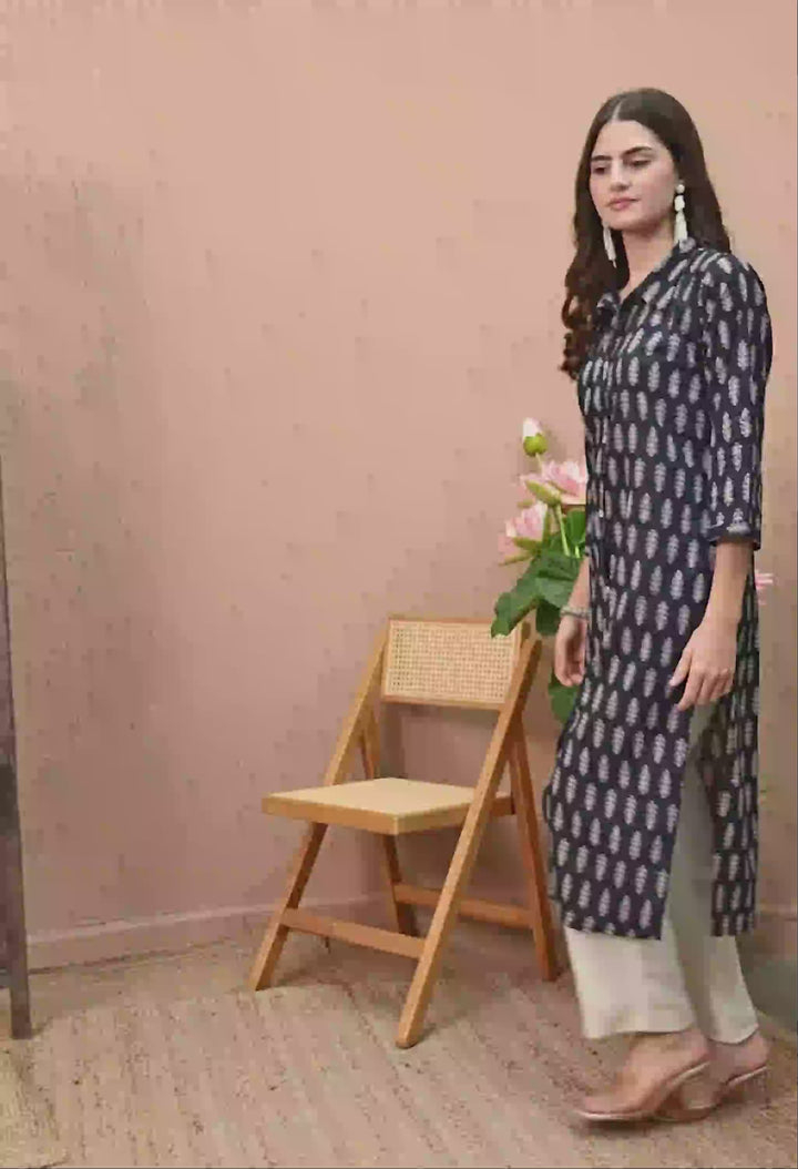 Black Printed Collared Neck Kurta