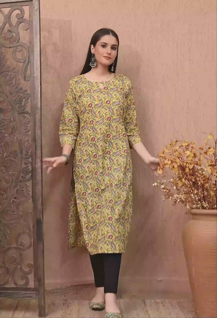 Yellow Printed Key-Hole neck cotton kurta