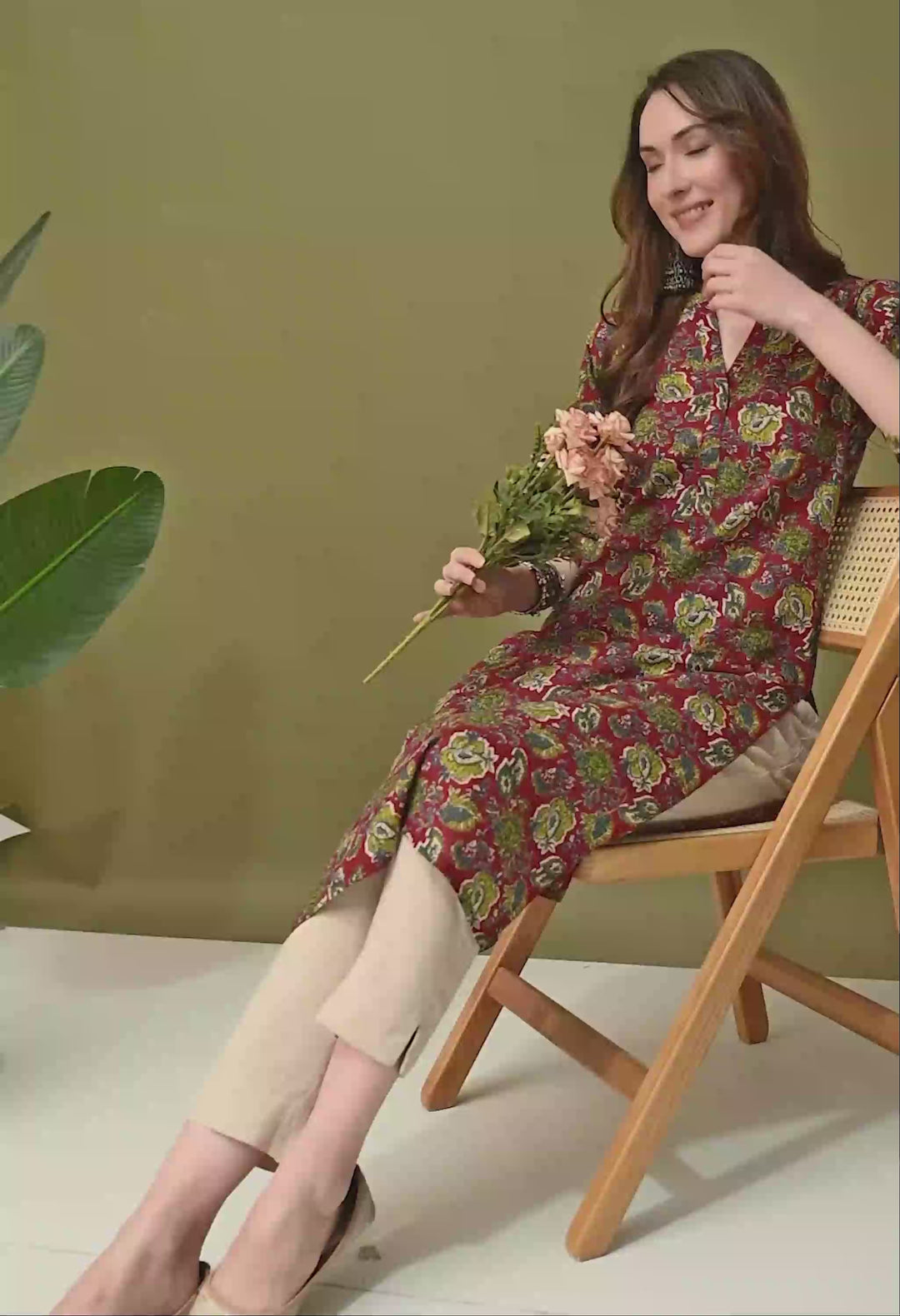 Maroon Printed Cotton Straight Kurta