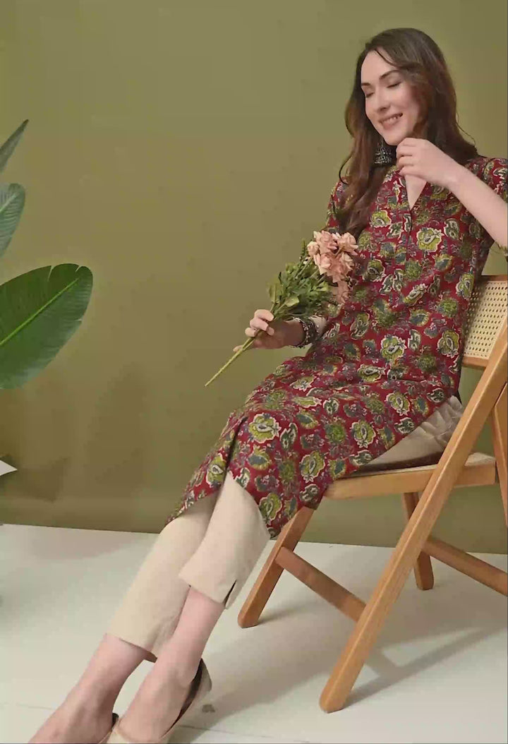 Maroon Printed Cotton Straight Kurta