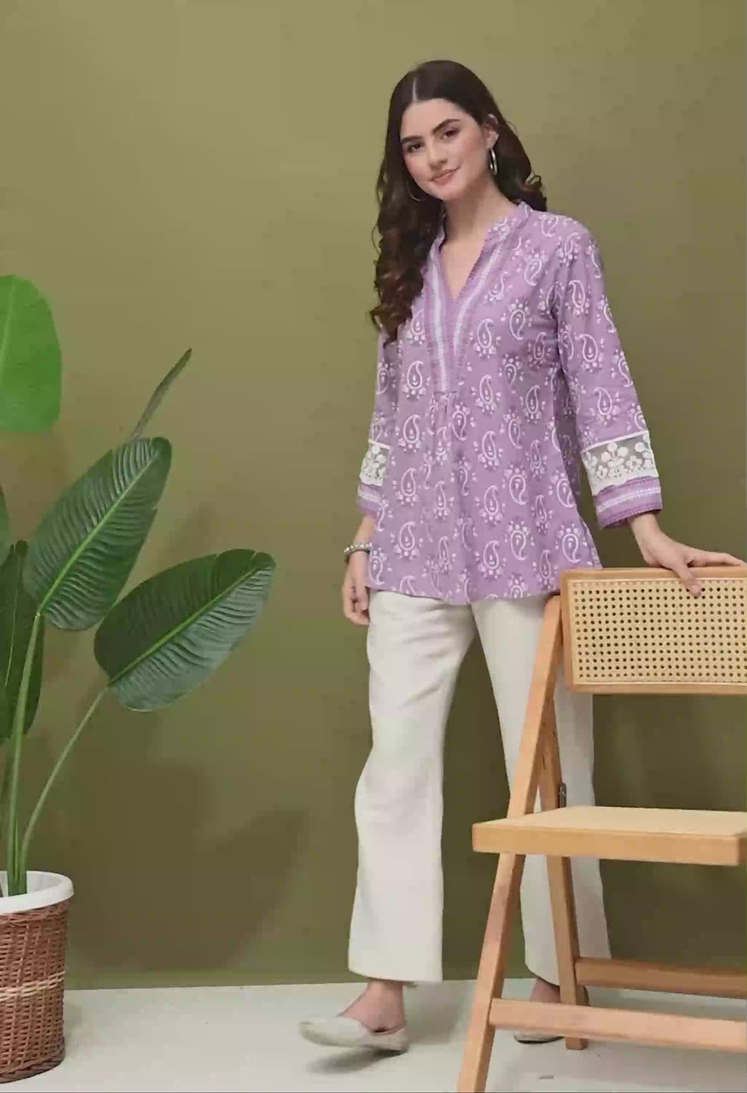 Lavender Cotton Printed Lace Work Top