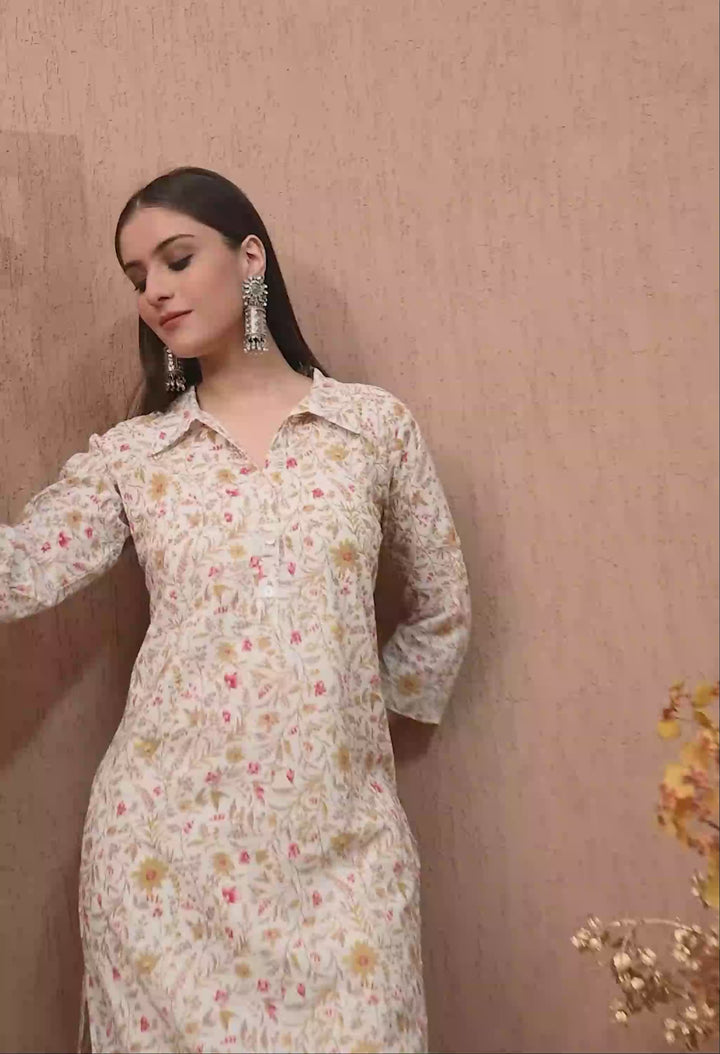 White Floral Print Flared  Kurta