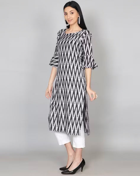 Black Ikkat Print Cotton Kurta