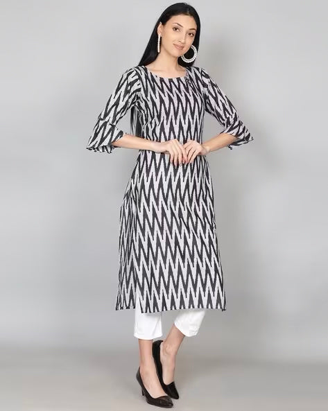 Black Ikkat Print Cotton Kurta