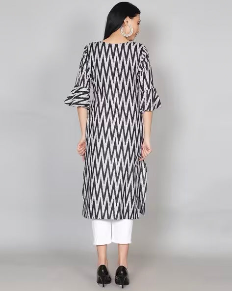 Black Ikkat Print Cotton Kurta