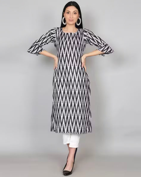 Black Ikkat Print Cotton Kurta