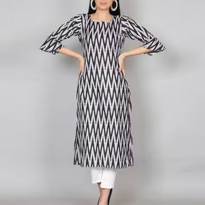 Black Ikkat Print Cotton Kurta