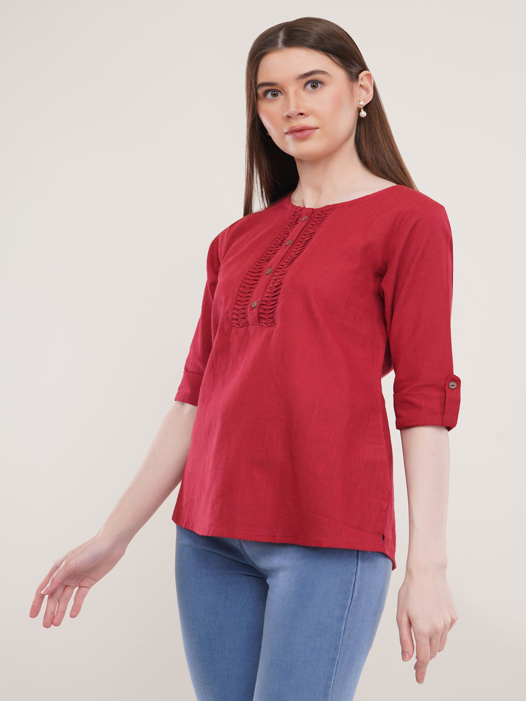 Maroon Solid Roll Up Sleeves top