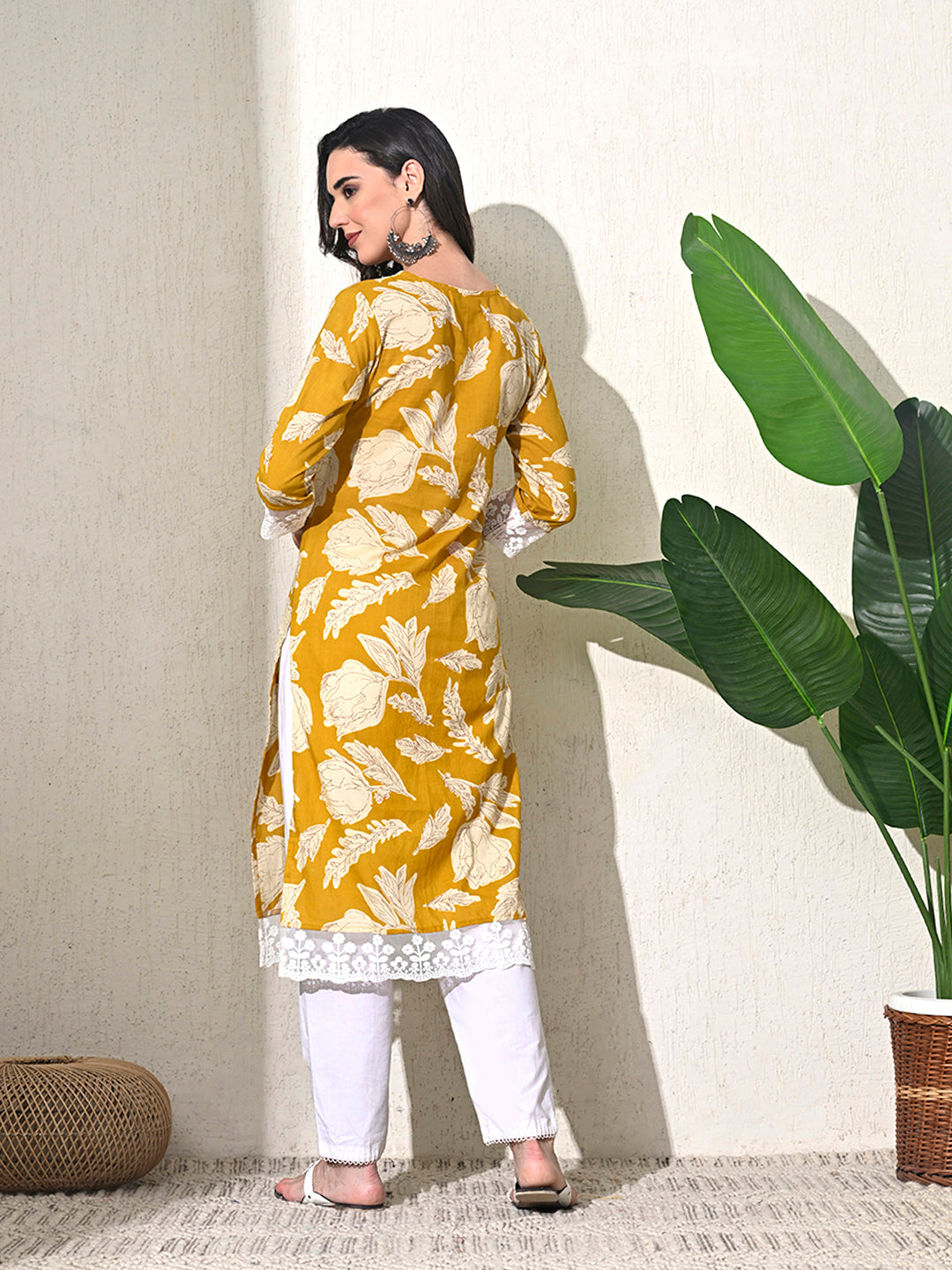Yellow Printed Cotton Lace Work Kurta