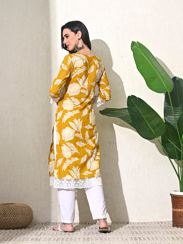 Yellow Printed Cotton Lace Work Kurta