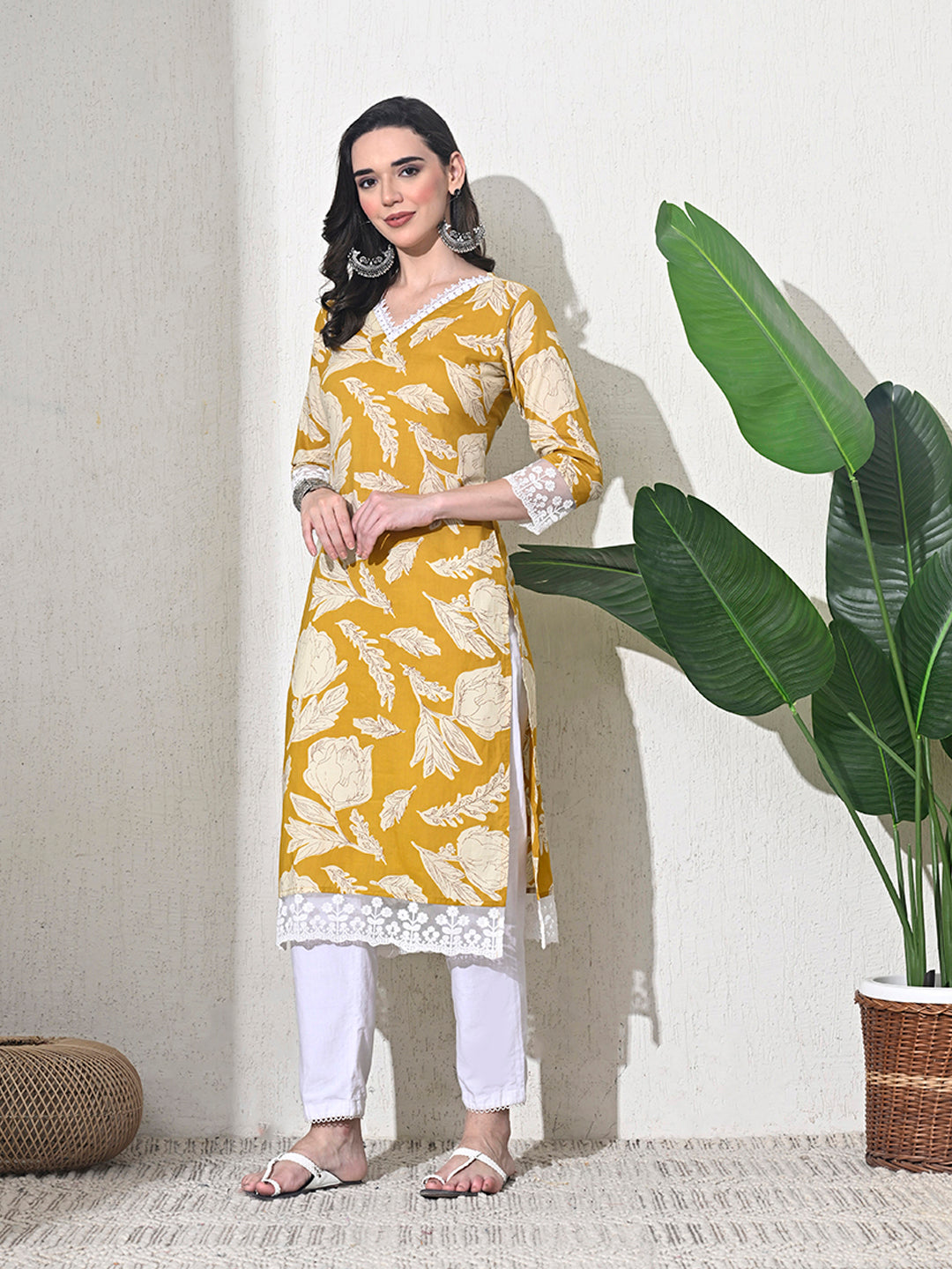 Yellow Printed Cotton Lace Work Kurta