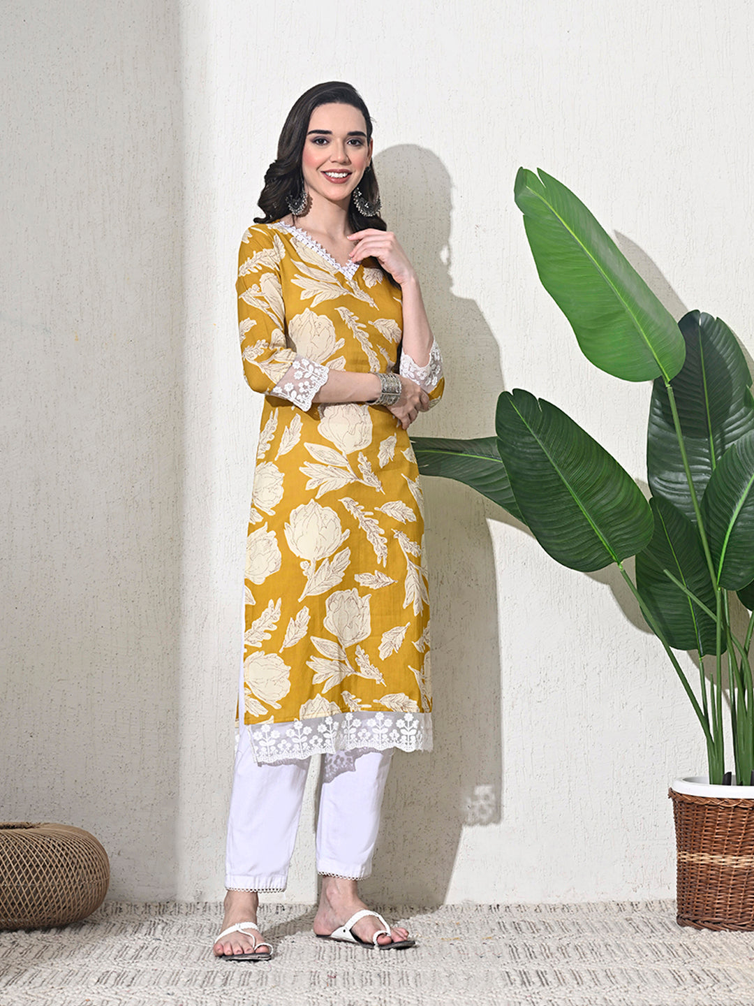 Yellow Printed Cotton Lace Work Kurta