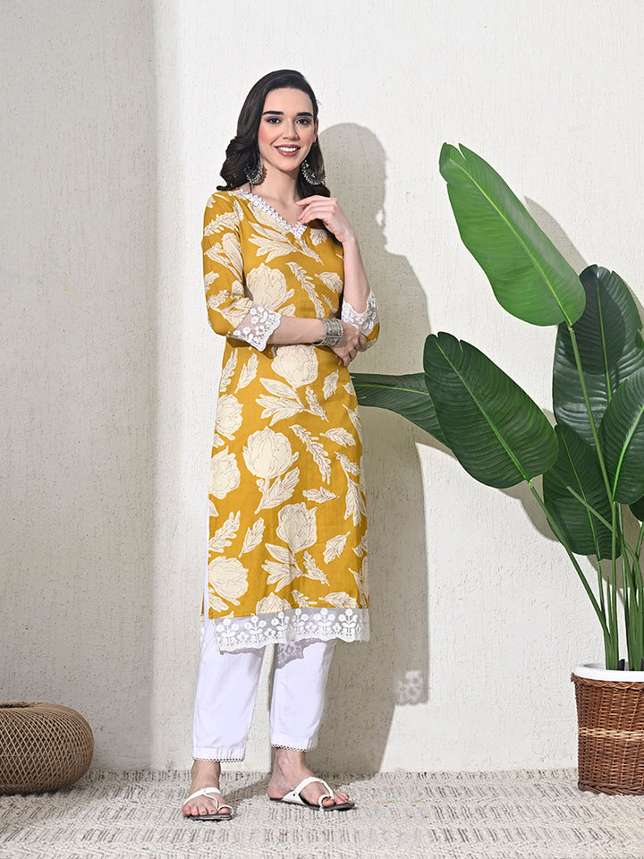 Yellow Printed Cotton Lace Work Kurta