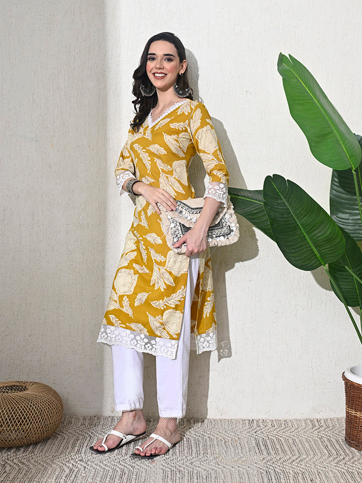 Yellow Printed Cotton Lace Work Kurta