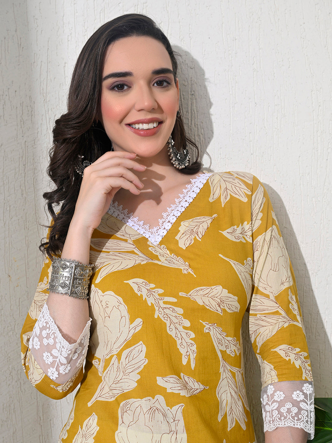 Yellow Printed Cotton Lace Work Kurta