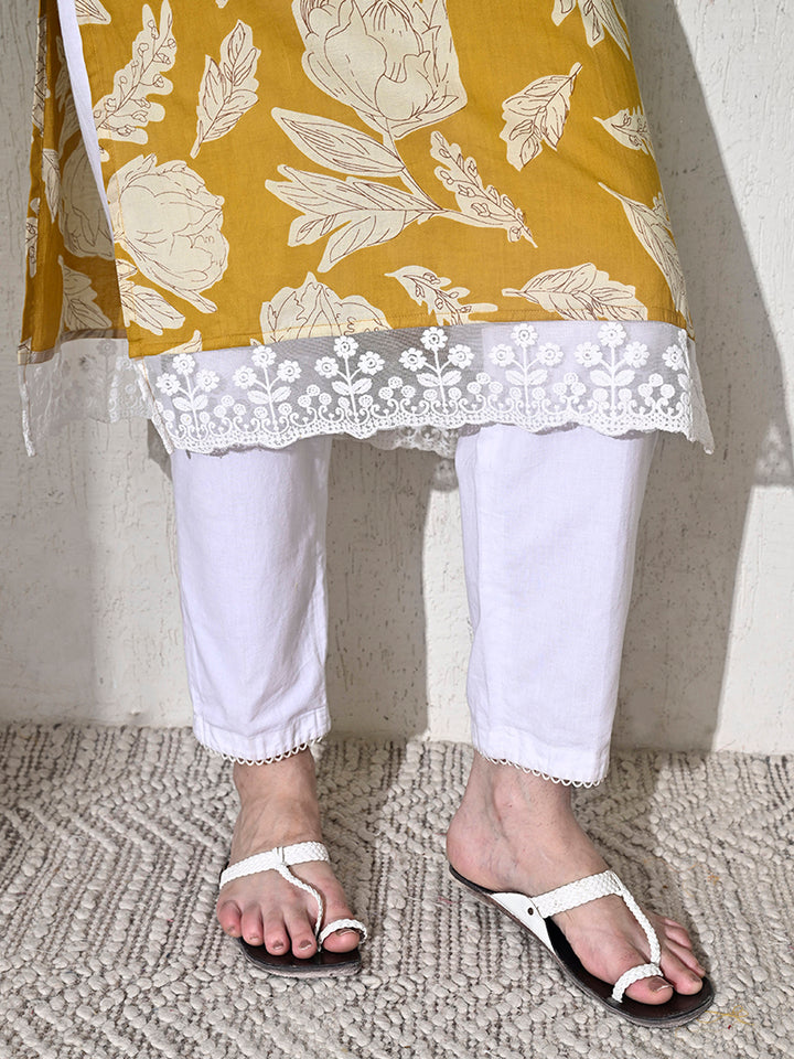 Yellow Printed Cotton Lace Work Kurta