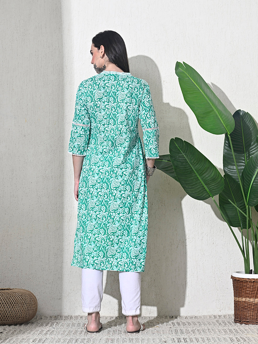 Green Lace Work Cotton Kurta