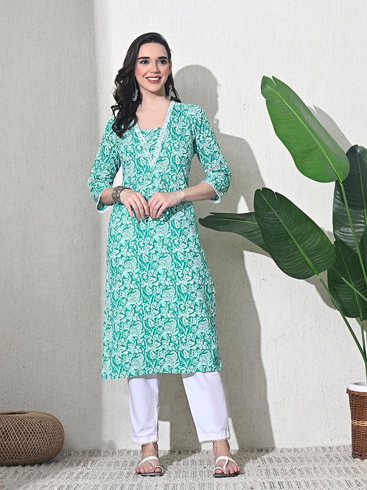 Green Lace Work Cotton Kurta