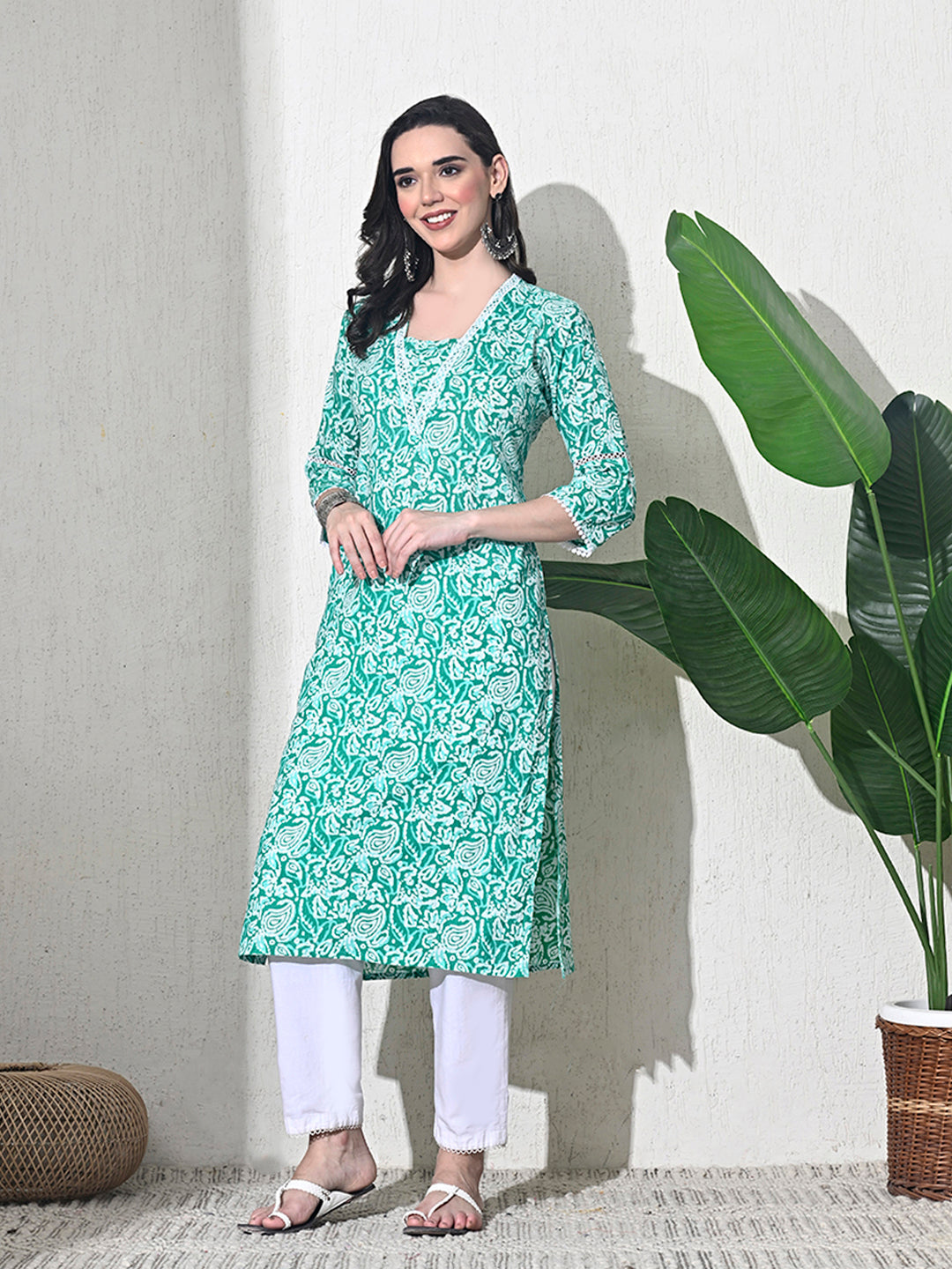 Green Lace Work Cotton Kurta