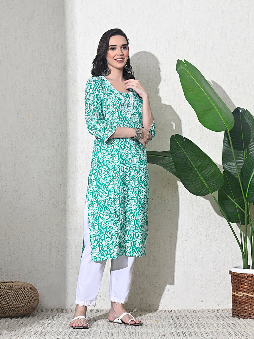 Green Lace Work Cotton Kurta