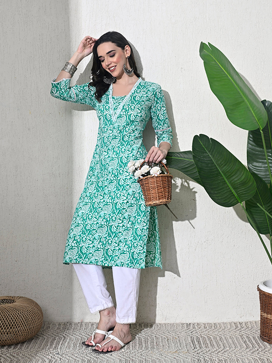 Green Lace Work Cotton Kurta