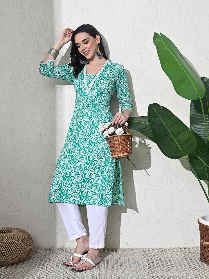 Green Lace Work Cotton Kurta