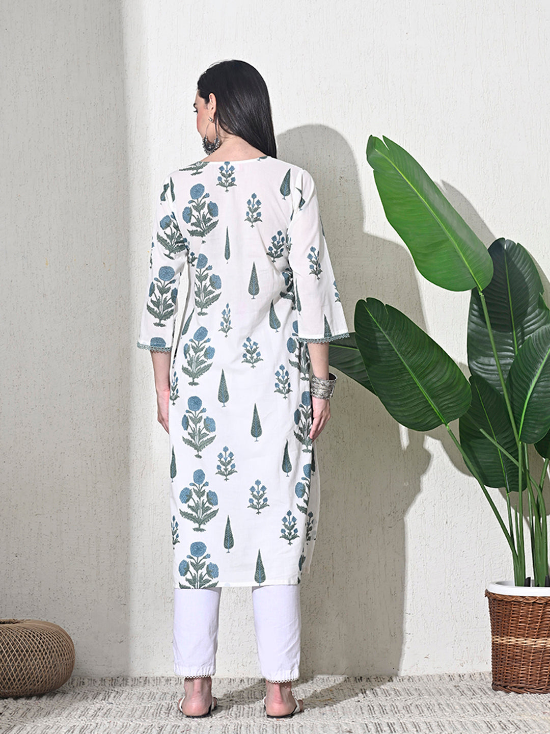 White Block Print Lace Work Kurta