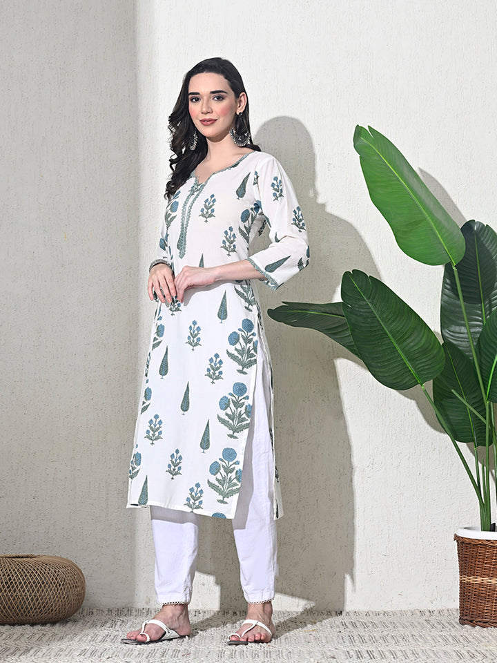 White Block Print Lace Work Kurta
