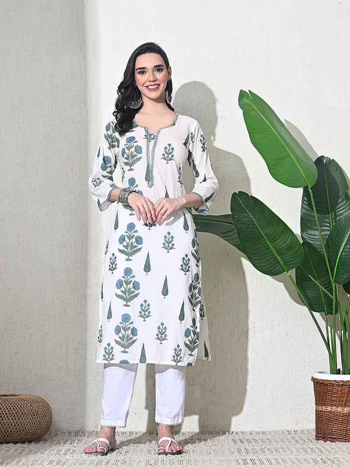 White Block Print Lace Work Kurta