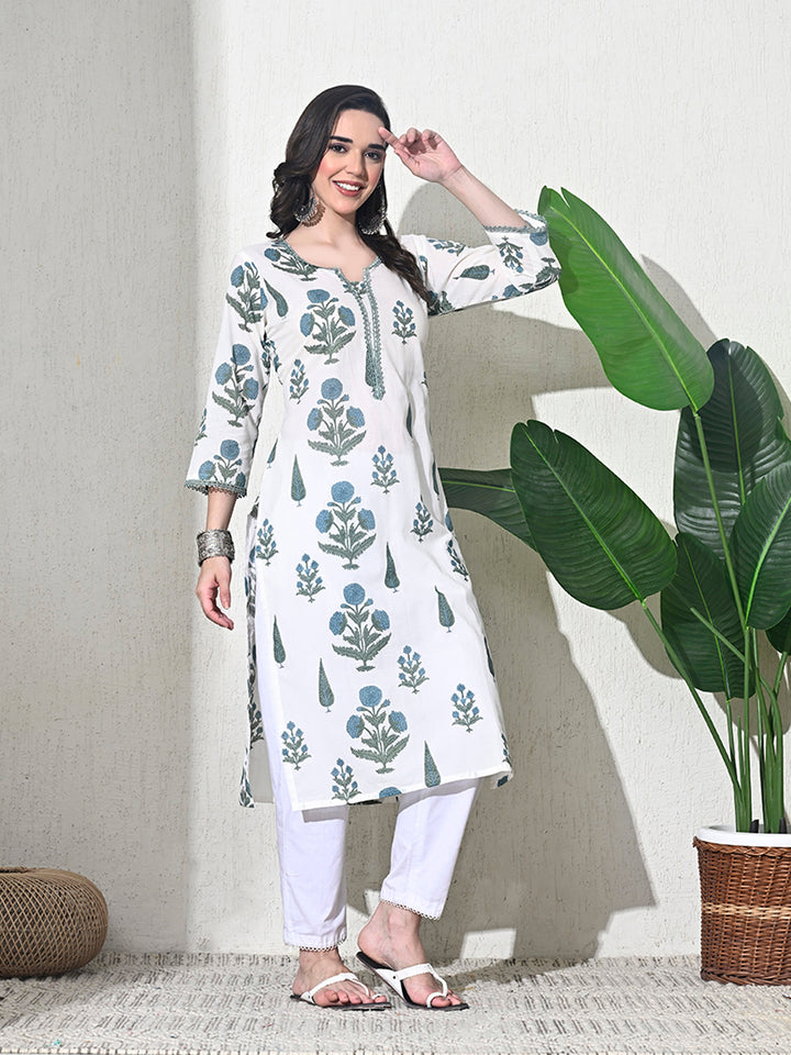 White Block Print Lace Work Kurta