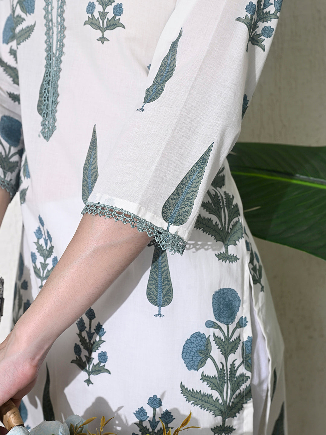 White Block Print Lace Work Kurta