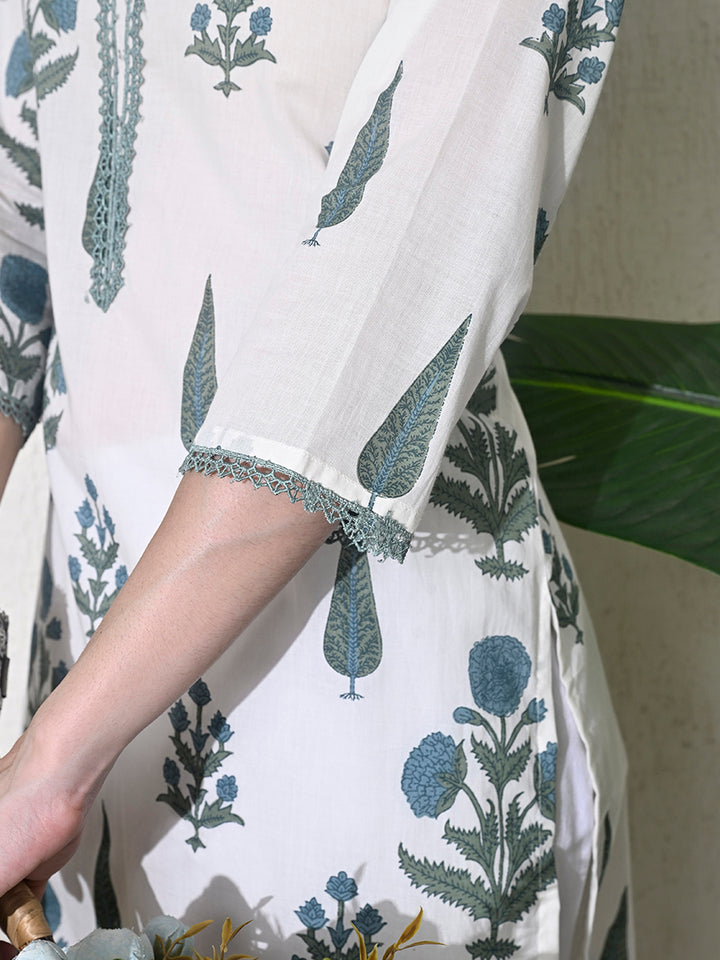 White Block Print Lace Work Kurta