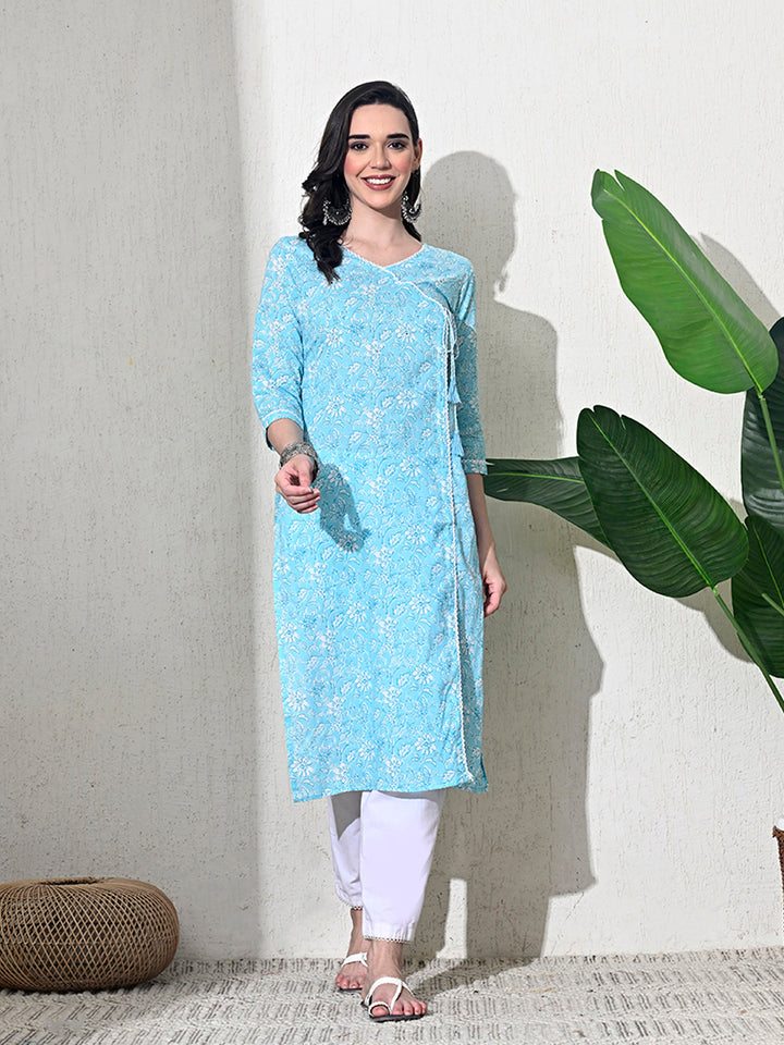 Light Blue Block Print Angarakha Kurta