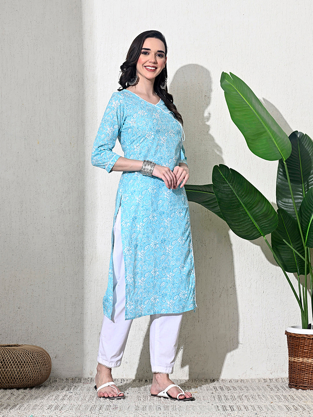 Light Blue Block Print Angarakha Kurta